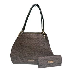 Michael Kors Raven Satchel & Wallet MK Monogram Leather Canvas Handbag Accessory
